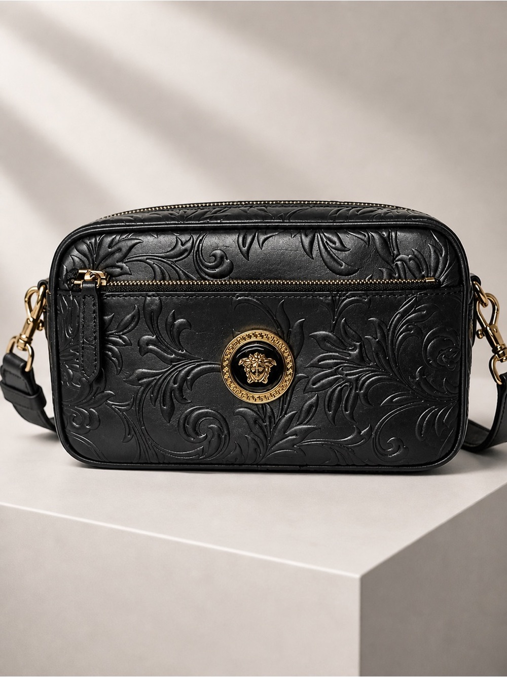 Versace Navy Embossed Leather La Medusa Crossbody Bag
